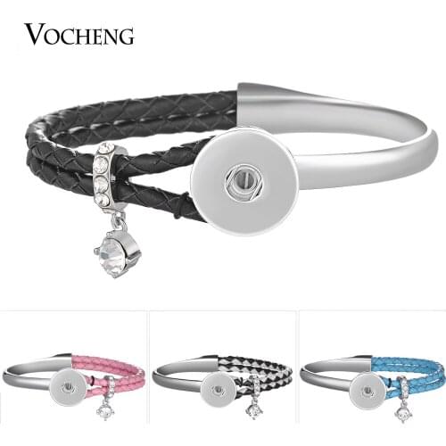 10pcs/lot Combo Bracelet Ginger Snap Jewelry Genuine Leather Bangle with Crystal Black Double Braided for 18mm Button NN-603*10