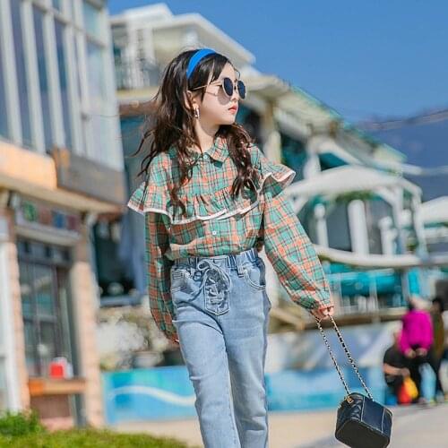 2021 Autumn Girls Ruffles Shirt Long Sleeve Plaid Clothes for 8 10 12 years Sweet Casual Kids Tops
