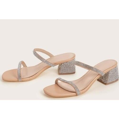 2021 Women Rhinestone Square Toe Mid Heel Slipper Sandals Ladies Outside Party Dress Slides Trendy Shoes Apricot Women Sandals