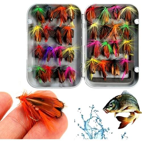 32pcs/lot Mixed Trout Flies Lure Fly Fishing Tackle with Box Pool Sea Lake Outdoor Fishing Spinner Accessory Spinners