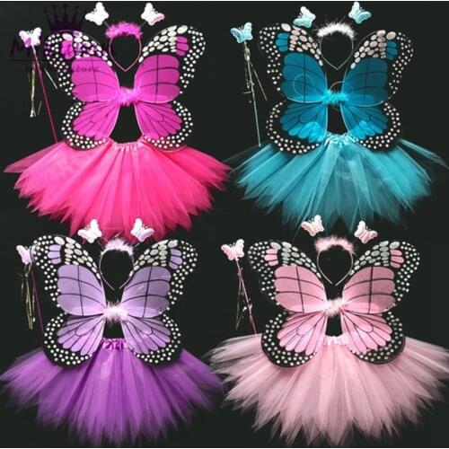 4 Piece Shining Butterfly Wing +Wand +Headband +Tutu Skirt Christmas Halloween Cosplay Costume For Fairy Girls Kids 13 Colors