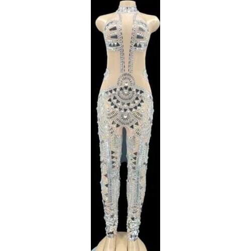 Sparkly Silver Rhinestone Transparent Jumpsuit Mirror Costume Birthday Celebrate Backless Outfit Women Evening Leggings XS2654