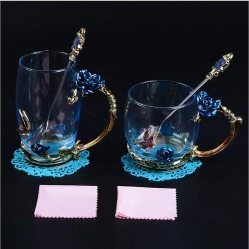 Red Blue Rose Enamel Crystal Tea Cup Coffee Mug Butterfly Rose Painted Flower Water Cups Clear Glass with Spoon Set Perfect Gift