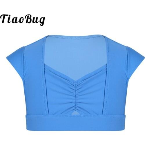 TiaoBug Kids Girls Solid Color Cap Sleeves Pinched-Front Crop Top Children Gymnastics Workout Ballet Tops Stage Dance Costumes