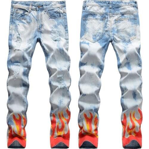 Hip Hop Red Flame Digital Print Jeans Men Slim Fit Straight 2020 Autumn Jeans Pants Men Big Size 42 Party Club Masculina Jeans