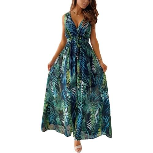Elegant Women Summer Sleeveless Dress Ladies Fashion Adults Sexy Backless Leaf Print V-neck (Green, Blue, Black, White)