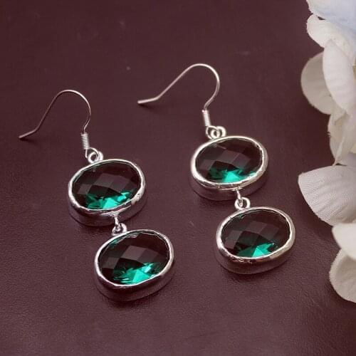 Hermosa Unique Shiny Faceted GreenTopaz Silver Plated Earrings For Women Fashion Jewelry 1 7/8 Inch ME050