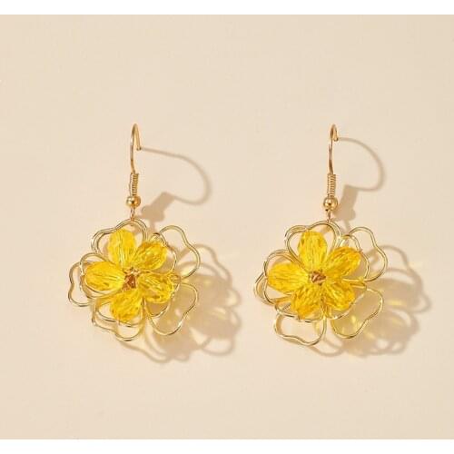 HuaTang Fashion Yellow Crystal Flower Drop Earrings for Women Gold Color Geometric Dangle Earrings Female Party Jewelry Gift