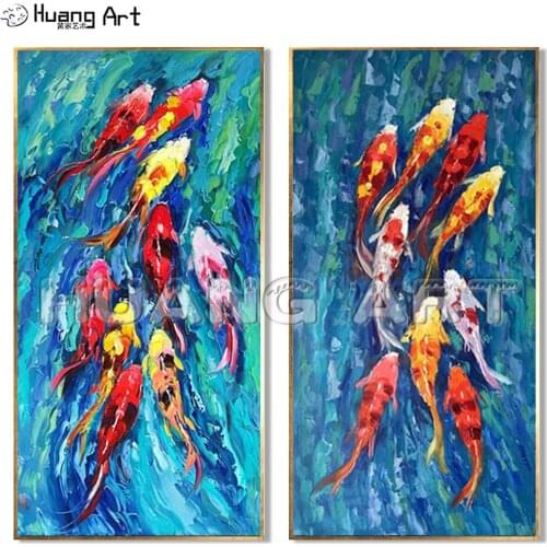 Artist Handmade High Quality Abstract Fish Oil Painting on Canvas Hanging Fishes Oil Painting Nine Koi Fish Landscape Painting