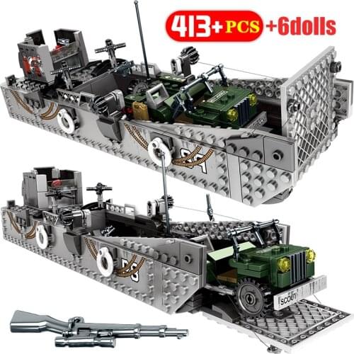 Toy WW2 Landing Ship Trailer Model Building Blocks Military Tank City Police Truck Soldier Figures Weapon Bricks Toys For Boys