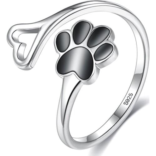 SILVERHOO 925 Sterling Silver Paw Dog Footprint Heart Rings Black 5A Clear Cubic Zirconia Adjustable Ring For Women Fine Jewelry