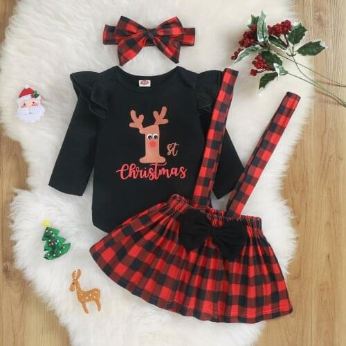 Baby Girls XMAS Clothes Three Piece Suit Christmas Elk Long Sleeve Romper+Plaid Suspender Skirt +Headband Baby Autumn Outfit