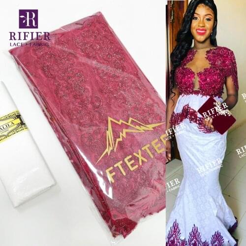 Red And White 2.5+2.5 Yards Sequined Net Lace And Bazin Riche Fabric For Guinea Elegant Lady Party Dresses Net Lace Fabrics