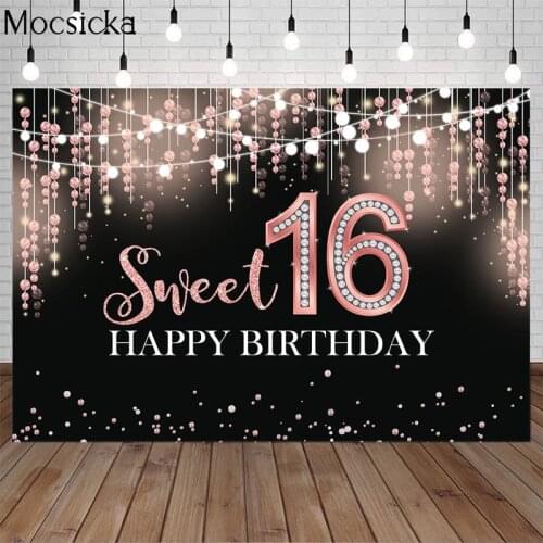 Mocsicka Sweet 16 Theme Photography Backdrop Girl Sixteen Happy Birthday Pink Glitter Party Decoration Photo Background Banners