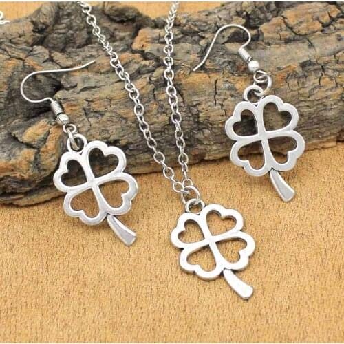 Fashion Tibetan Silver Four Leaf Clover Necklace Earrings Jewelry Sets For Women Girls Party Gift