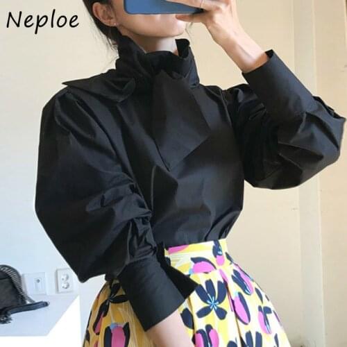 Neploe Solid Color Puff Sleeve Women Blouse Autumn Chic Drawstring Bow Pullover Shirts 2021 Elegant Fashion Femme Blusas 1G686