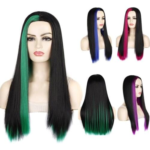 Jeedou Long Straight Hair Wig Synthetic Balayage Highlighted Black Pink Blue Color Women Modern Girls Wigs