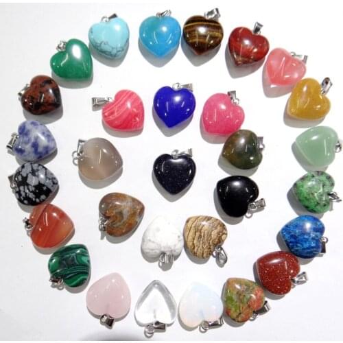 16mm Natural GemStone Quartz Crystal Turquoise Tiger Eye Opal Aventurine Charms Heart Pendants For Diy Jewelry Making 12Pcs