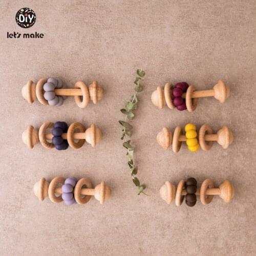 Lets Make 1pc Baby Rattles Beech Wooden Ring Teething Toys Food Grade Silicone Beads Baby Teethers Montessori Play Gym Rattles
