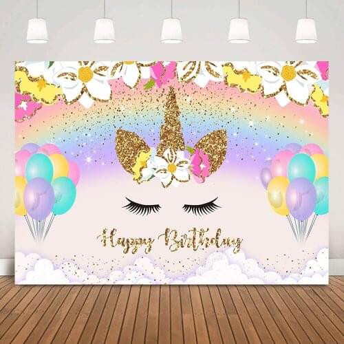 Floral Unicorn Birthday Backdrop Rainbow Balloons Flowers Children Happy Birthday Background Unicorn Party Decorations Props