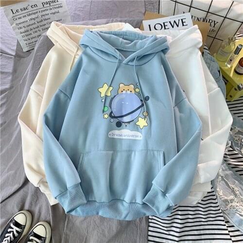 Sweatshirt Womens Autumn Winter Hooded Korean Style Cute Plus Velvet Thickening Lazy Printing Wind Loose Coat Tide Kpop Hoodies
