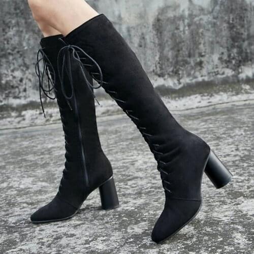 New Black Flock Leather Women Knee High Boots Lace Up Fashion Round High Heels Autumn Women Shoes Winter Ladies Boots Size 34-48