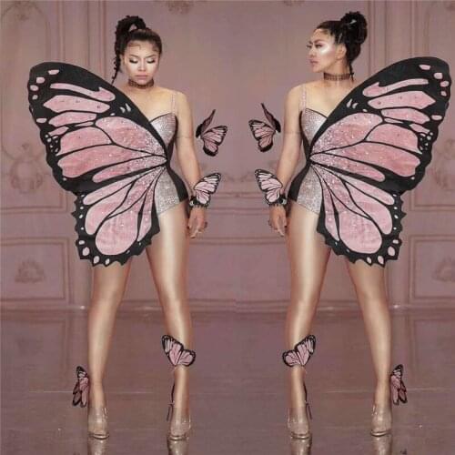 V99 Sexy women pole dance dress belly dance stage costumes butterfly wings bodysuit diamonds siamese rhinestones jumpsuit party