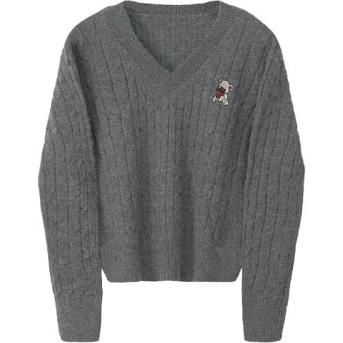 Fall Winter Office Lady Fashion Little Bear Embroidery V-Neck Criss-Cross Solid Sweater Wild Soft Pullover Tops Women Jumpers