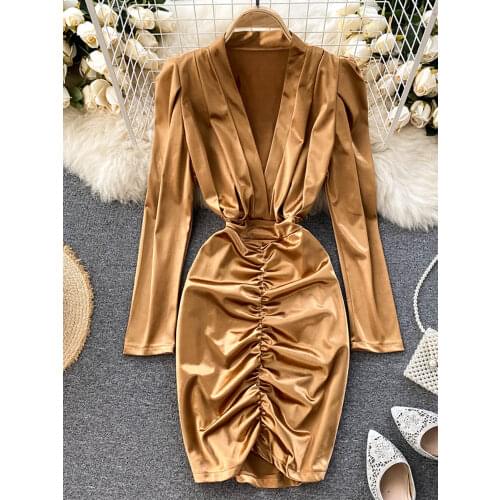 Autumn 2020 Deep V-Neck Satin Sexy Bodycon Dress Women Elegant Long Sleeve Draped Party Vestidos Female Whioe/Black/Gold Robe