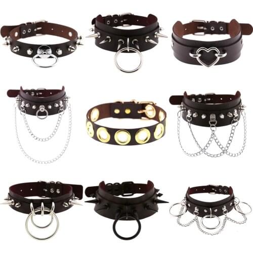 Gothic Dark Brown PU Leather Necklaces for Women Punk Spike Rivet Chokers Necklace Pendant Collar Sexy Club Gifts E Girl Jewelry