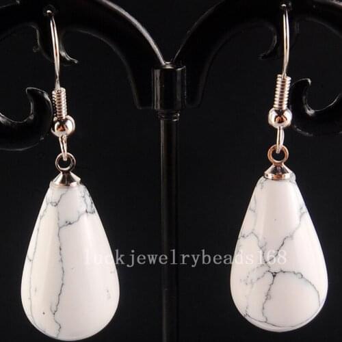 Free Shipping Women Fashion Jewelry 13x25mm Fashion White Howlite Water Drop Beads Dangle Earring Pair C4137