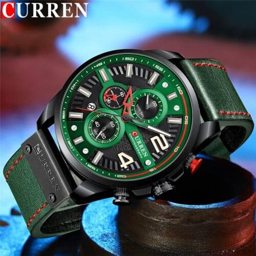 CURREN New Chronograph Man WristWatch Calendar Sport Men Watch Military Top Brand Luxury Green Genuine Leather Male Clock 8393