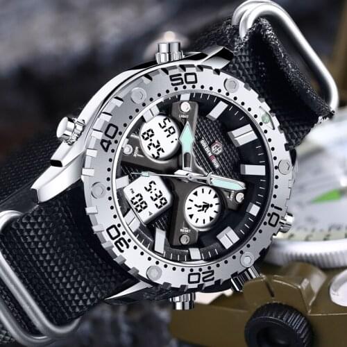 GOLDENHOUR Mens Dual Display Quartz Watches Fashion Luxury Canvas Strap Watch Male Military Sports Chronograph Wristwatch