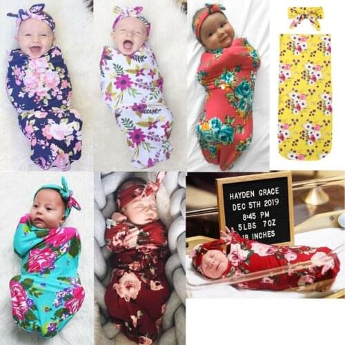 Newborn Baby Boy Girl Blanket Cotton Swaddle Wrap Sleeping Bag Floral Headband