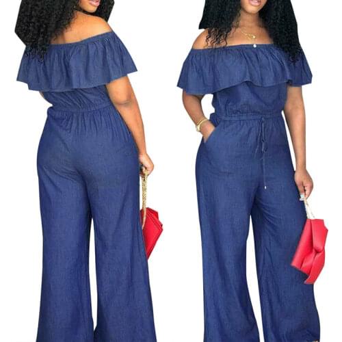 Hot 4XL Oversized Jumpsuits Casual Women Solid Off Shoulder Long Romper Jumpsuit Overall High Wais Wide Legs Jeans Trousers New