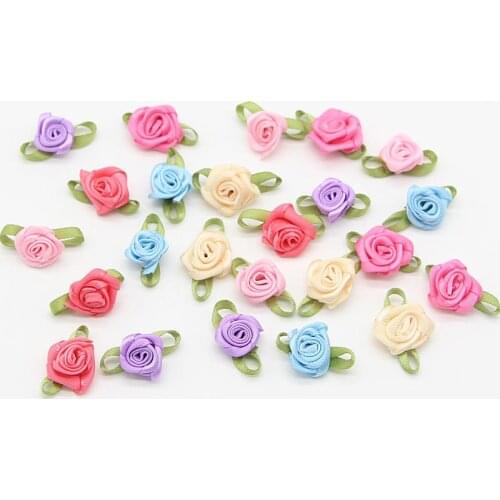 50/100/500pcs 3cm Green Leaf Rose Mini Color DIY Craft Supplie Wedding Party Decor Artificial Ribbon Bow Rose Flower Appliques