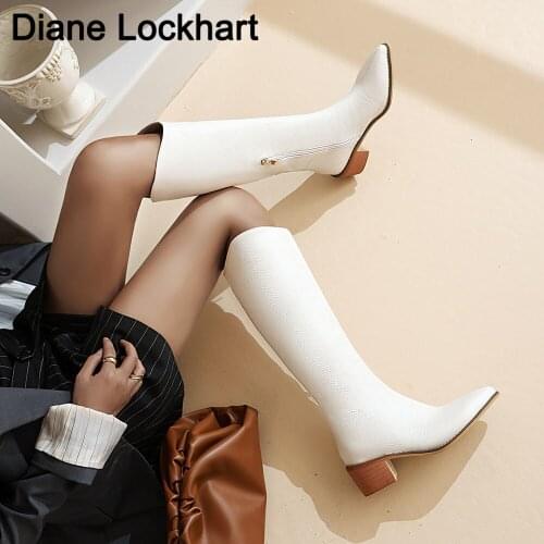 Fashion Embossed Knee-high Boots Women Pointed Toe Western Cowboy Boot High Heels Knight Woman chaussures femme Silver Yellow