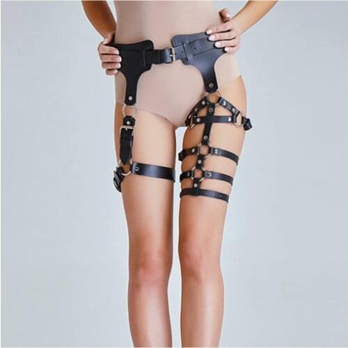 Mens Leather Fashion Legs Leather Leggings with Sexy Womens Adjustable Restraint Belt Pants Adult Products Erotic Accessories