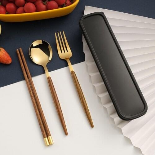 New Stainless Steel Portable Tableware Three-piece Set of Wood-grain Handle Spoon and Fork Wooden Chopsticks Tableware