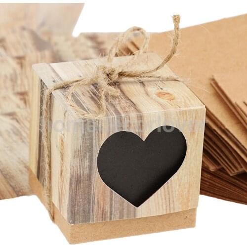 Wholesale 50pcs Kraft Brown Heart Rustic Candy Gift Boxes with Rope Wedding Favor