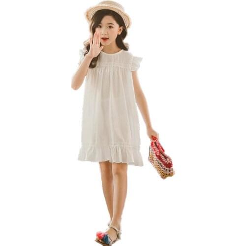 Solid Color Girls Dresses New 2020 Summer Ruffled Dress Retro Literary Princess Dress White Minimalist Pink Cute Birthday Gift