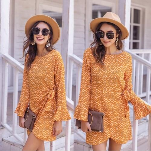 O-Neck Long-sleeved Dress Spring and Autumn New Womens Dress Yellow Polka Dot Dress