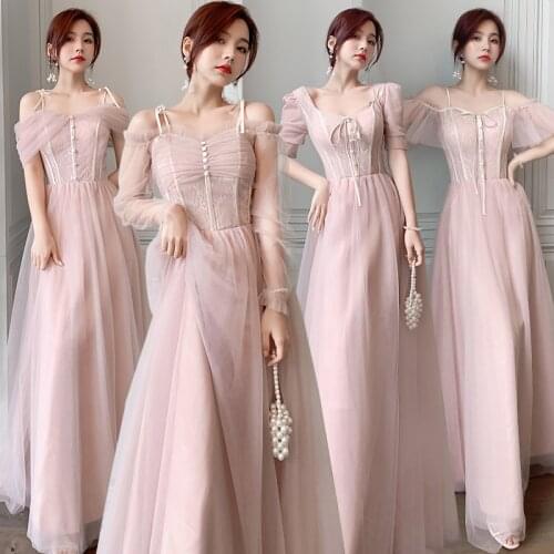 Pink Luxury Bridesmaid Dress V-Neck Tulle Illusion Off The Shoulder Pleat Button Simple Elegant Women Party Wedding Dresses E009