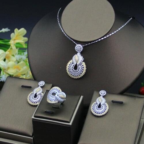 Luxury Water Drop Cubic Zircon Nigerian Necklace Earring Ring Jewelry Sets For Women Wedding Indian Dubai Bridal Jewelry Sets