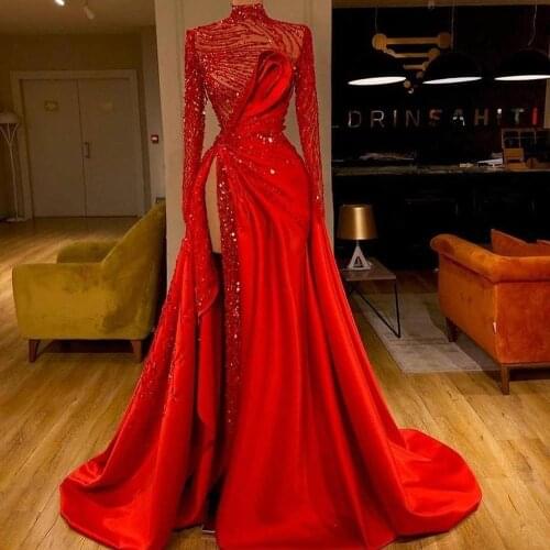 2020 Luxury Red Evening Dresses High Neck Lace Sequins Beads Long Slevee Robes De Soirée A Line High Split Formal Prom Gowns