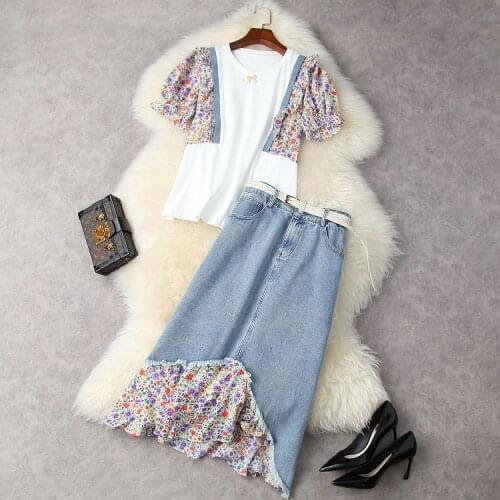 European and American womens wear summer 2021 new Short sleeved patchwork printed T-shirt Cowboy fishtail skirt Fashion suit