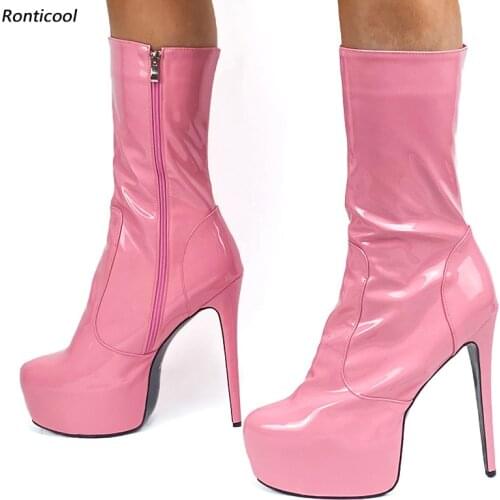 Ronticool Hot Women Platform Mid Calf Boots Patent Side Zipper Stiletto Heels Round Toe Pretty Pink Red Shoes Women Size 35-52