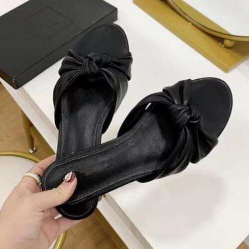 New arrival sheepskin butterfly-knot slippers women genuine leather flat heel sandals runway style mules shoes woman