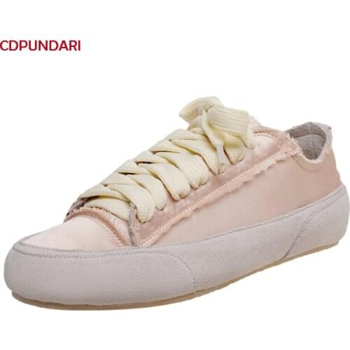 2021 Black White Pink Silk Genuine Leather Flat Platform Sneakers Shoes Women Spring Summer Lace Up Casual Flats Ladies Popular