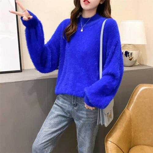 Womens Fall Winter Fashion White Mohair Thicken Turtleneck Sweaters Casual Lantern Sleeve Knittwear Solid Pullover Pull Jumpers